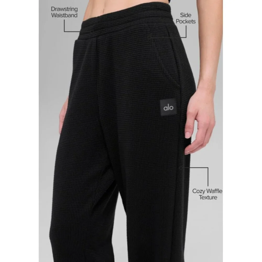 Alo Waffle Weekend Escape Joggers Black High-Rise Waist Thermal Sweats Sweatpant